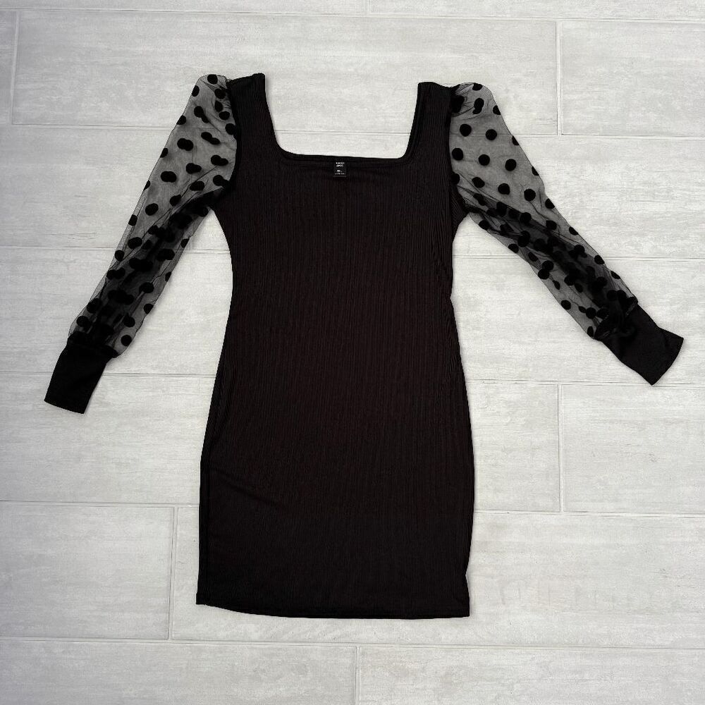 Shein Curve Bodycon Mini Dress Balloon Sleeves Polka Dot Ribbed Black 0XL